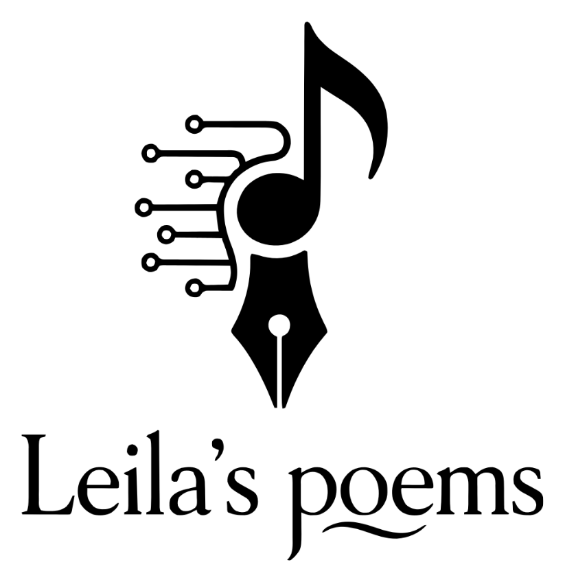 leilaspoems — logo: hudobná nota spojená s hrotom pera a doštičkovými stopami